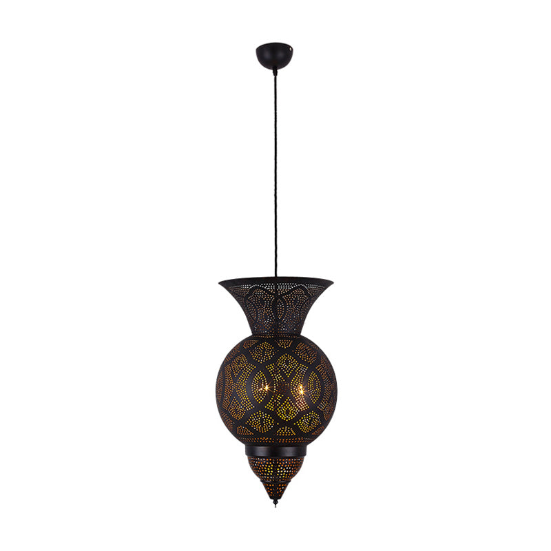 3-Bulb Etched Urn Hanging Chandelier Countryside Black Metal Ceiling Suspension Lamp Clearhalo 'Ceiling Lights' 'Chandeliers' Lighting' options 809411