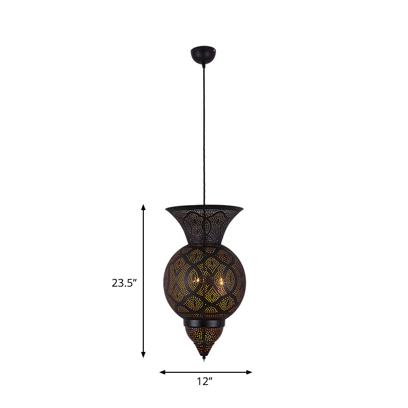 3-Bulb Etched Urn Hanging Chandelier Countryside Black Metal Ceiling Suspension Lamp Clearhalo 'Ceiling Lights' 'Chandeliers' Lighting' options 809413