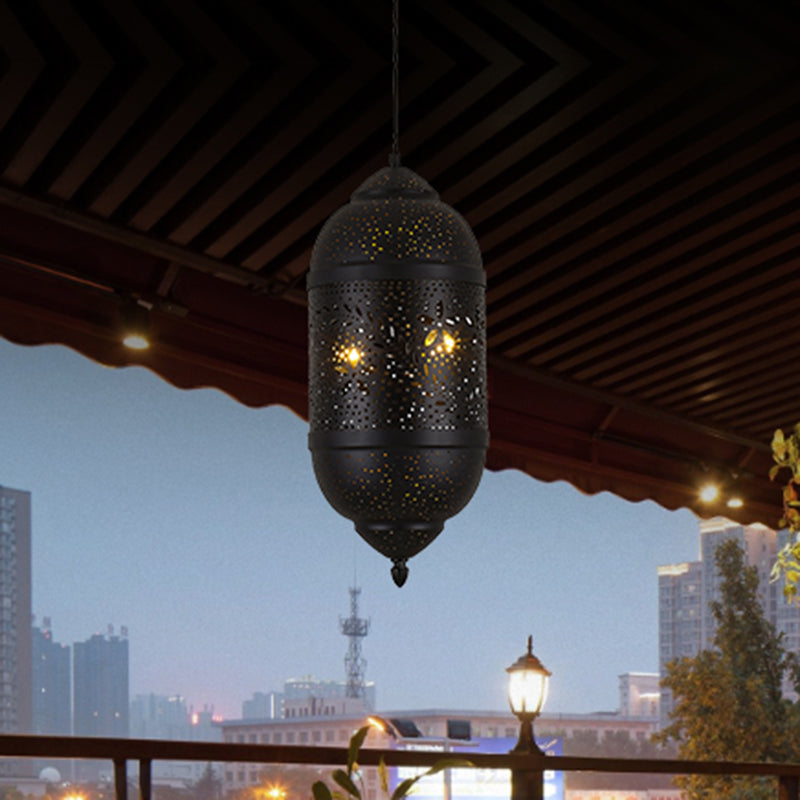 3-Light Hanging Light Kit Arab Etched Cylindrical Metal Ceiling Chandelier in Black for Dining Room Clearhalo 'Ceiling Lights' 'Chandeliers' Lighting' options 809414