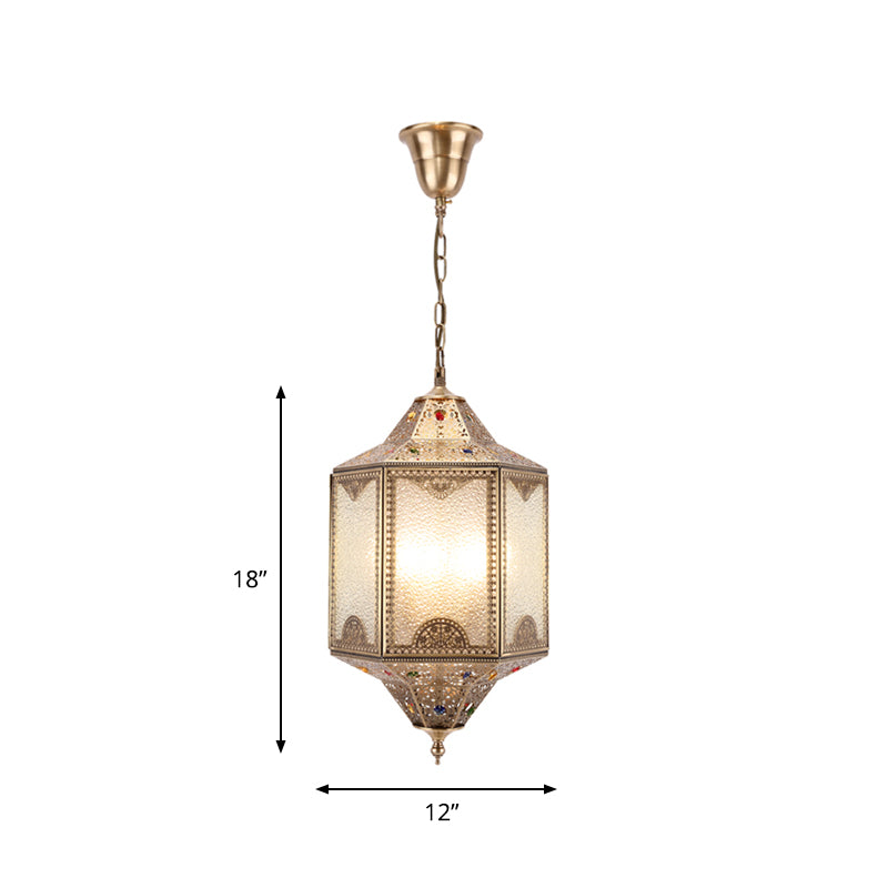 Frosted Glass Hexagonal Hanging Light Kit Decorative 3 Lights Porch Chandelier Lamp in Brass Clearhalo 'Ceiling Lights' 'Chandeliers' Lighting' options 809438