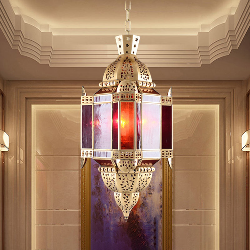 Lantern Red Glass Suspension Pendant Arab 3 Heads Living Room Chandelier in Brass with Hollow-Out Design Clearhalo 'Ceiling Lights' 'Chandeliers' Lighting' options 809440