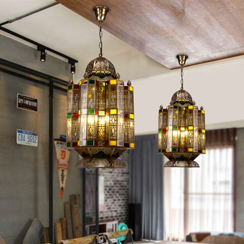 4 Bulbs Metallic Pendant Chandelier Rustic Brass Lantern Shade Dining Room Pendulum Light Clearhalo 'Ceiling Lights' 'Chandeliers' Lighting' options 809449