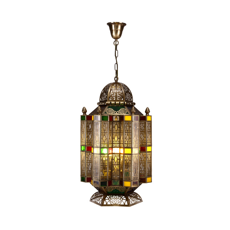 4 Bulbs Metallic Pendant Chandelier Rustic Brass Lantern Shade Dining Room Pendulum Light Clearhalo 'Ceiling Lights' 'Chandeliers' Lighting' options 809451