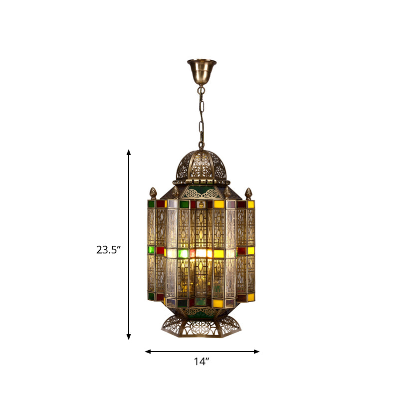 4 Bulbs Metallic Pendant Chandelier Rustic Brass Lantern Shade Dining Room Pendulum Light Clearhalo 'Ceiling Lights' 'Chandeliers' Lighting' options 809453