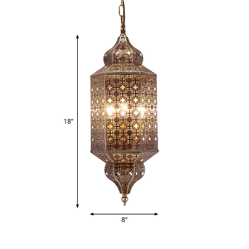 Arab Hexagonal Chandelier Light 3-Bulb Metal Hanging Pendant in Brass with Hollow-Out Design Clearhalo 'Ceiling Lights' 'Chandeliers' Lighting' options 809463