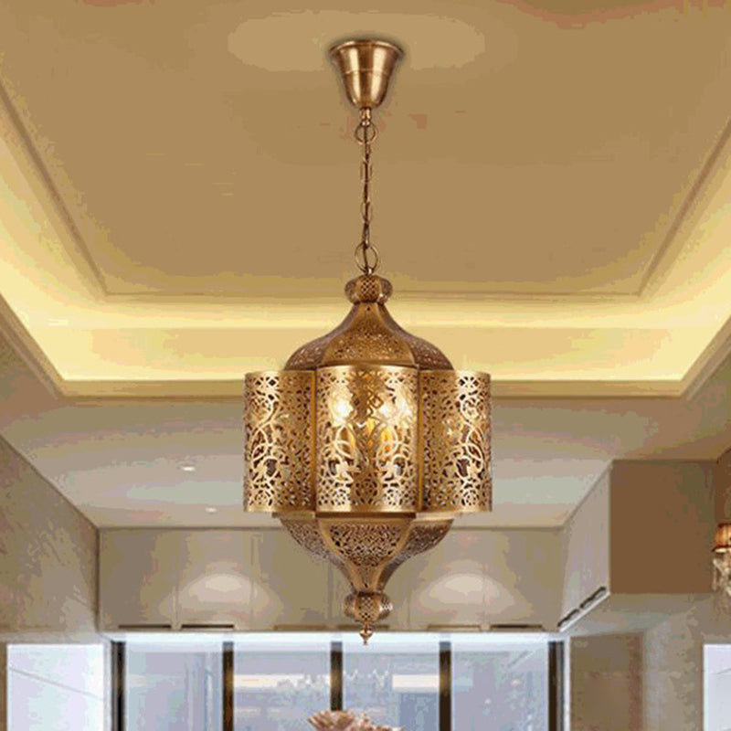 3 Heads Etched Lantern Pendant Lamp Arab Style Brass Metal Hanging Chandelier for Corridor Brass Clearhalo 'Ceiling Lights' 'Chandeliers' Lighting' options 809464_0a023907-6e05-4f53-b1dd-f977d6914449