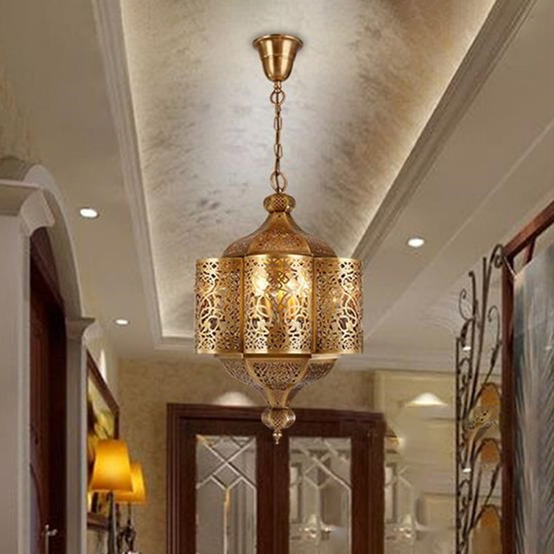 3 Heads Etched Lantern Pendant Lamp Arab Style Brass Metal Hanging Chandelier for Corridor Clearhalo 'Ceiling Lights' 'Chandeliers' Lighting' options 809465