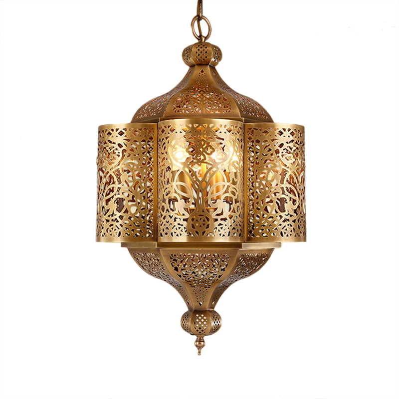 3 Heads Etched Lantern Pendant Lamp Arab Style Brass Metal Hanging Chandelier for Corridor Clearhalo 'Ceiling Lights' 'Chandeliers' Lighting' options 809466