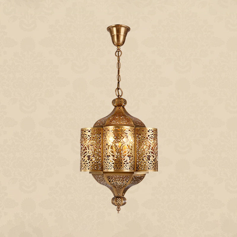 3 Heads Etched Lantern Pendant Lamp Arab Style Brass Metal Hanging Chandelier for Corridor Clearhalo 'Ceiling Lights' 'Chandeliers' Lighting' options 809467