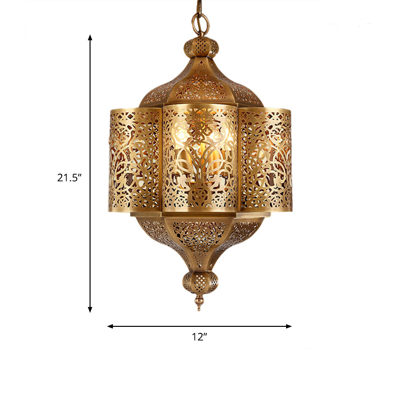 3 Heads Etched Lantern Pendant Lamp Arab Style Brass Metal Hanging Chandelier for Corridor Clearhalo 'Ceiling Lights' 'Chandeliers' Lighting' options 809468