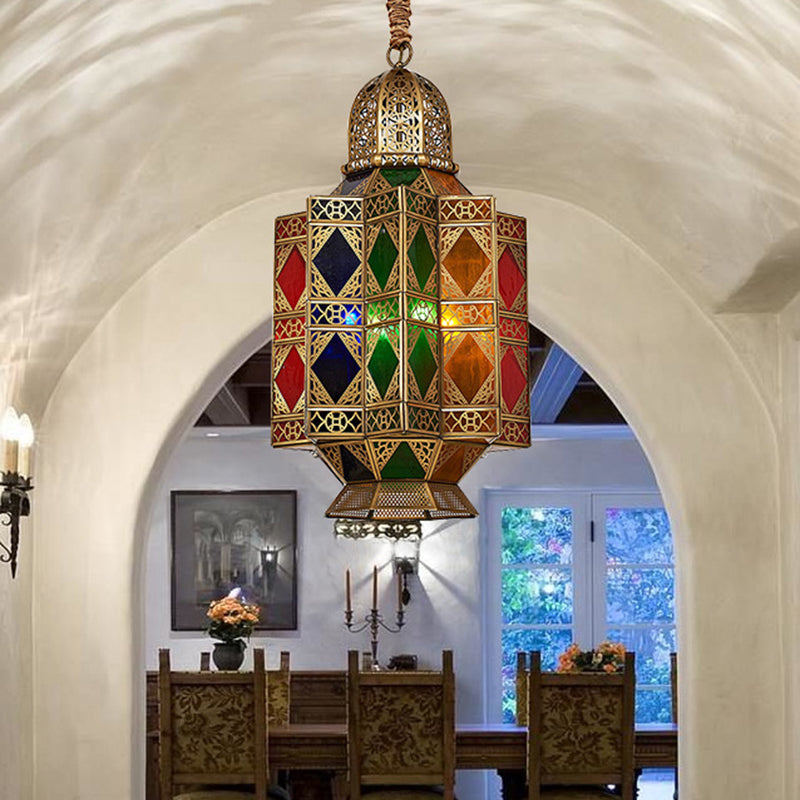 Lantern Stained Glass Hanging Light Fixture Art Deco 3 Bulbs Corridor Pendant Chandelier in Brass with Carved Design Clearhalo 'Ceiling Lights' 'Chandeliers' Lighting' options 809494