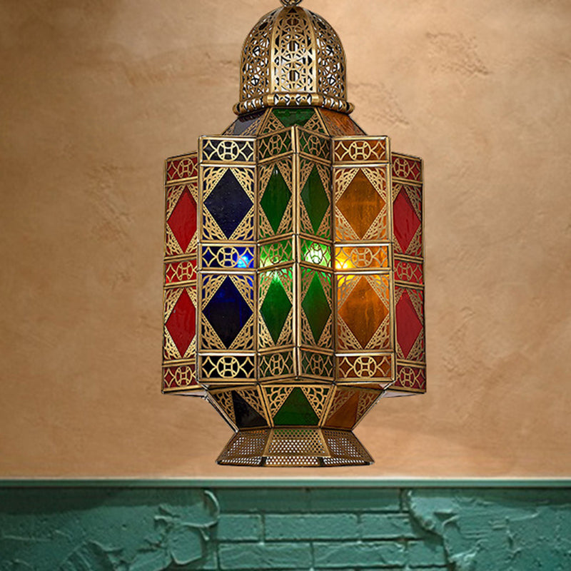 Lantern Stained Glass Hanging Light Fixture Art Deco 3 Bulbs Corridor Pendant Chandelier in Brass with Carved Design Clearhalo 'Ceiling Lights' 'Chandeliers' Lighting' options 809495