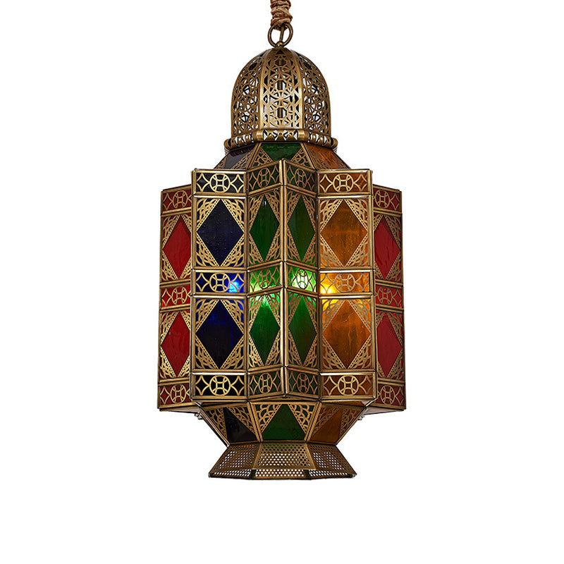 Lantern Stained Glass Hanging Light Fixture Art Deco 3 Bulbs Corridor Pendant Chandelier in Brass with Carved Design Clearhalo 'Ceiling Lights' 'Chandeliers' Lighting' options 809496