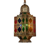 Lantern Stained Glass Hanging Light Fixture Art Deco 3 Bulbs Corridor Pendant Chandelier in Brass with Carved Design Clearhalo 'Ceiling Lights' 'Chandeliers' Lighting' options 809496