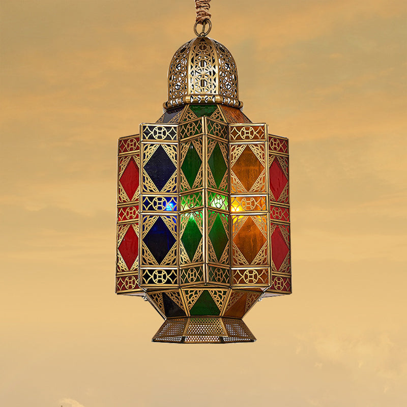 Lantern Stained Glass Hanging Light Fixture Art Deco 3 Bulbs Corridor Pendant Chandelier in Brass with Carved Design Clearhalo 'Ceiling Lights' 'Chandeliers' Lighting' options 809497