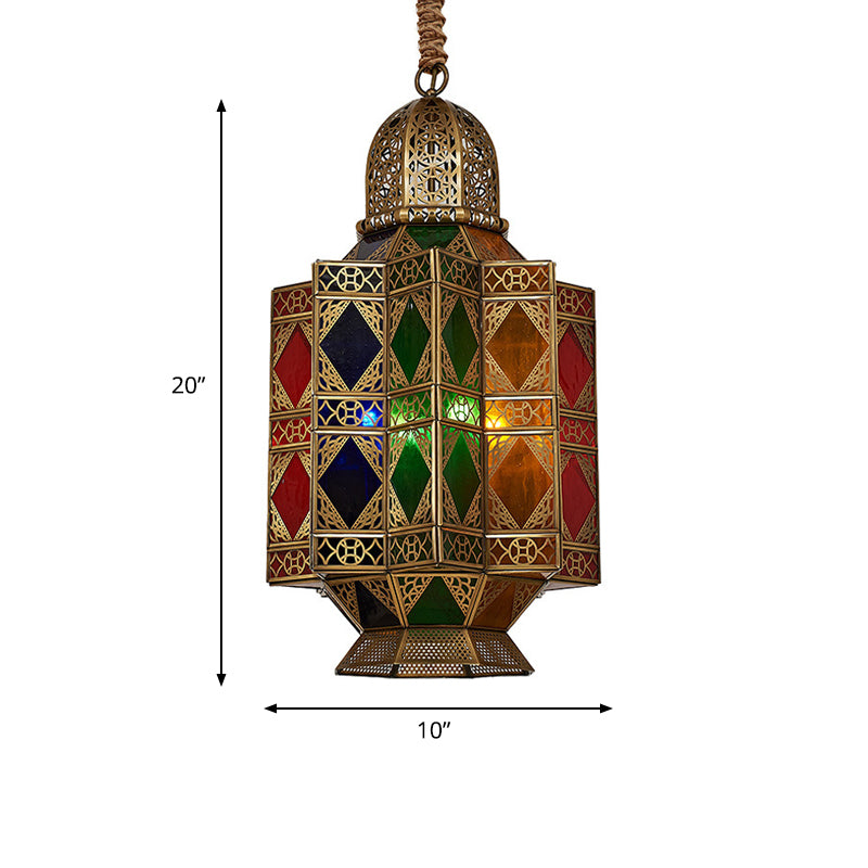 Lantern Stained Glass Hanging Light Fixture Art Deco 3 Bulbs Corridor Pendant Chandelier in Brass with Carved Design Clearhalo 'Ceiling Lights' 'Chandeliers' Lighting' options 809498