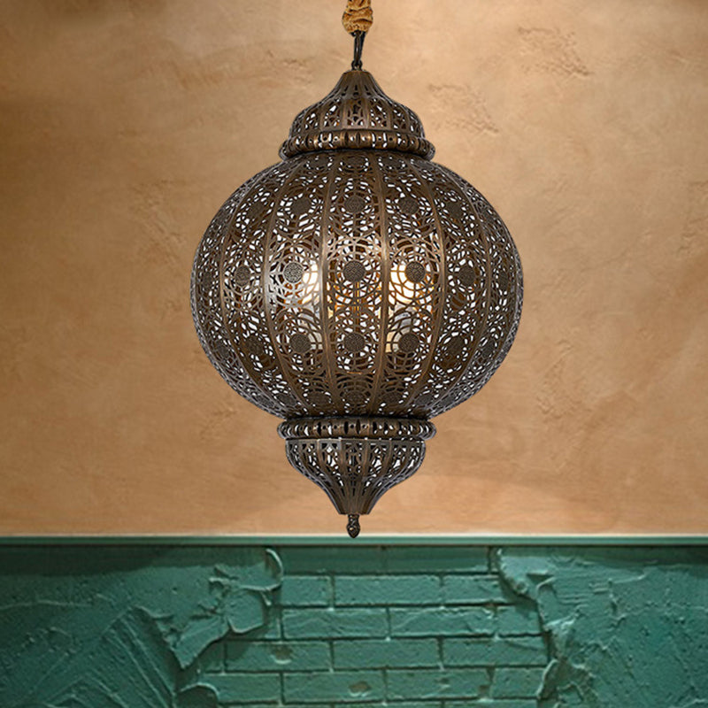 3 Heads Metal Suspension Light Country Bronze Finish Etched Sphere Corridor Chandelier Clearhalo 'Ceiling Lights' 'Chandeliers' Lighting' options 809500