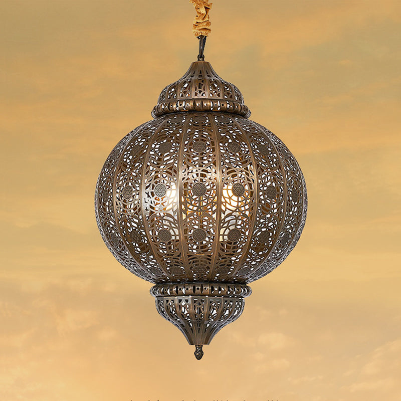 3 Heads Metal Suspension Light Country Bronze Finish Etched Sphere Corridor Chandelier Clearhalo 'Ceiling Lights' 'Chandeliers' Lighting' options 809502