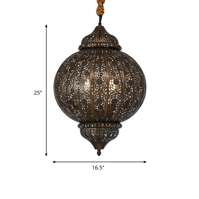 3 Heads Metal Suspension Light Country Bronze Finish Etched Sphere Corridor Chandelier Clearhalo 'Ceiling Lights' 'Chandeliers' Lighting' options 809503