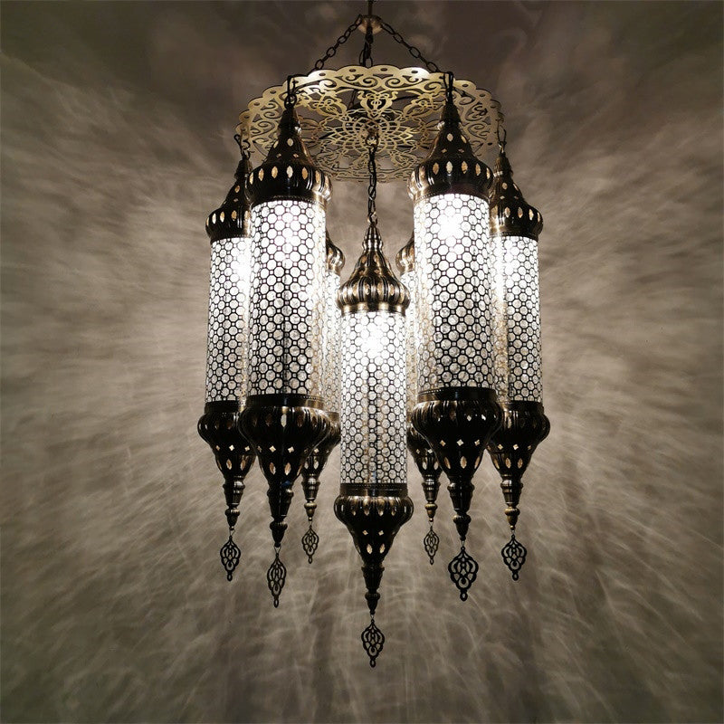 Arab Cylinder Hanging Lamp 7 Heads Clear Crackle Glass Chandelier Lighting Fixture in Bronze Clearhalo 'Ceiling Lights' 'Chandeliers' Lighting' options 809509