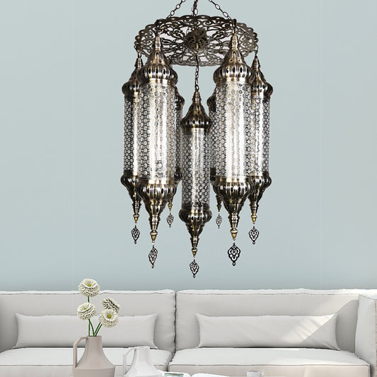 Arab Cylinder Hanging Lamp 7 Heads Clear Crackle Glass Chandelier Lighting Fixture in Bronze Clearhalo 'Ceiling Lights' 'Chandeliers' Lighting' options 809510