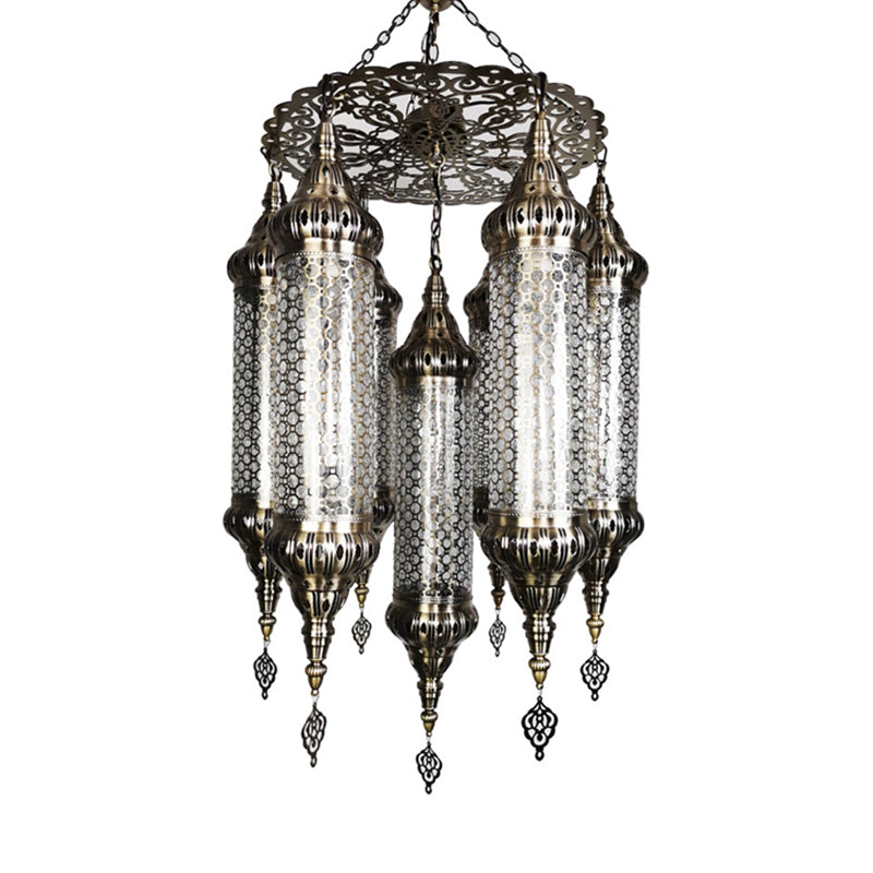 Arab Cylinder Hanging Lamp 7 Heads Clear Crackle Glass Chandelier Lighting Fixture in Bronze Clearhalo 'Ceiling Lights' 'Chandeliers' Lighting' options 809511