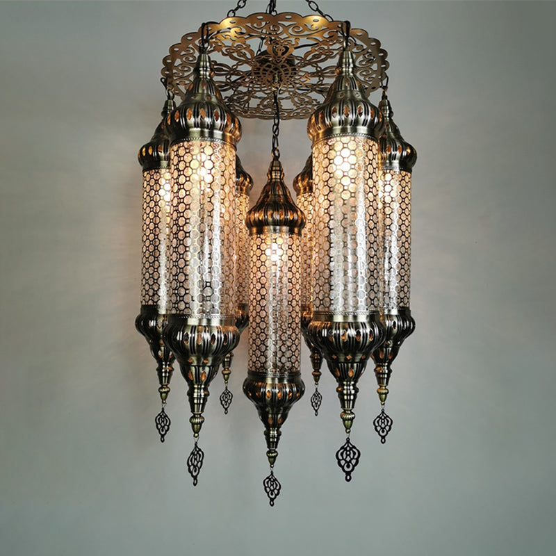 Arab Cylinder Hanging Lamp 7 Heads Clear Crackle Glass Chandelier Lighting Fixture in Bronze Clearhalo 'Ceiling Lights' 'Chandeliers' Lighting' options 809512