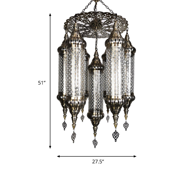 Arab Cylinder Hanging Lamp 7 Heads Clear Crackle Glass Chandelier Lighting Fixture in Bronze Clearhalo 'Ceiling Lights' 'Chandeliers' Lighting' options 809513