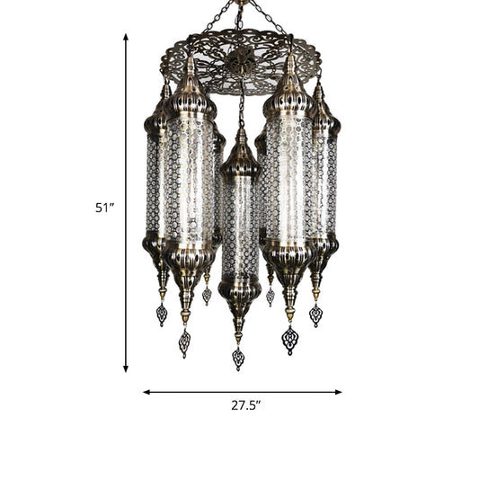 Arab Cylinder Hanging Lamp 7 Heads Clear Crackle Glass Chandelier Lighting Fixture in Bronze Clearhalo 'Ceiling Lights' 'Chandeliers' Lighting' options 809513