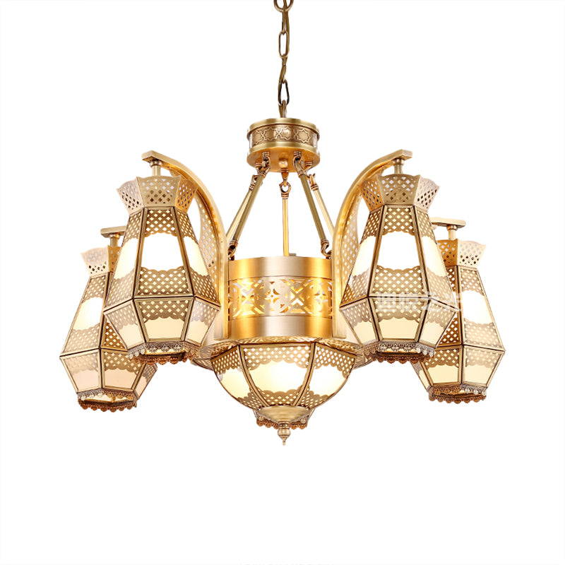 8 Heads Diamond Pendant Chandelier Arab Style Brass Opal Glass Hanging Light Fixture with Curved Arm Clearhalo 'Ceiling Lights' 'Chandeliers' Lighting' options 809517