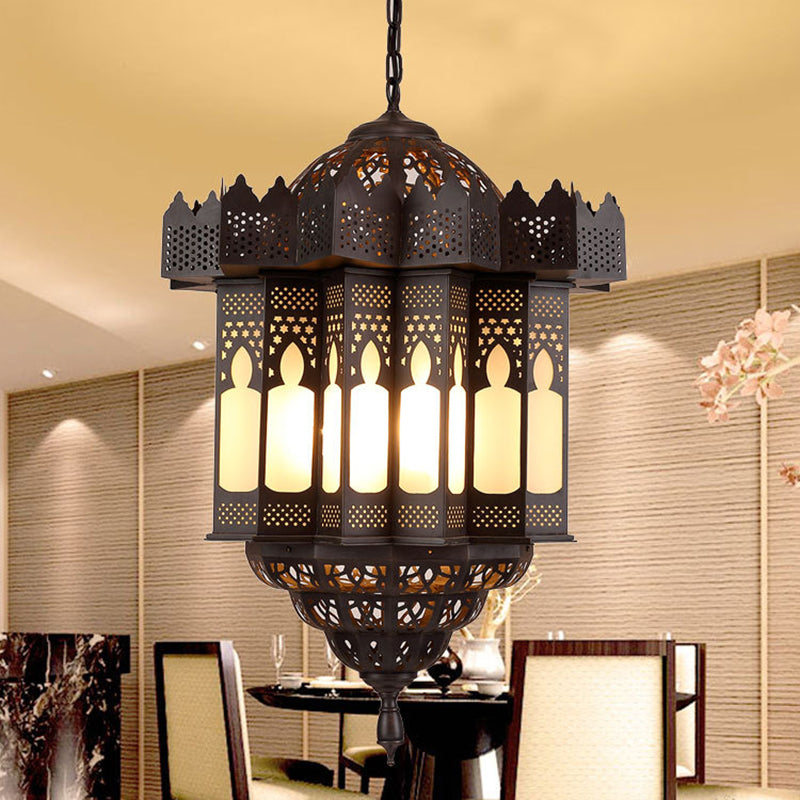 Etched Lantern Dining Room Chandelier Light Art Deco Frosted Glass 3-Bulb Black Finish Ceiling Pendant Clearhalo 'Ceiling Lights' 'Chandeliers' Lighting' options 809524