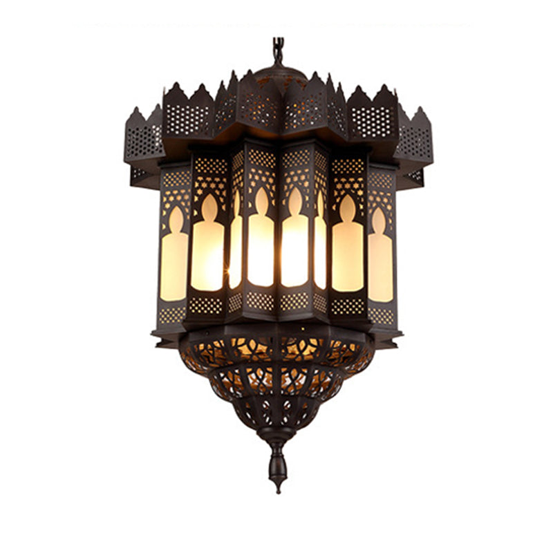 Etched Lantern Dining Room Chandelier Light Art Deco Frosted Glass 3-Bulb Black Finish Ceiling Pendant Clearhalo 'Ceiling Lights' 'Chandeliers' Lighting' options 809526