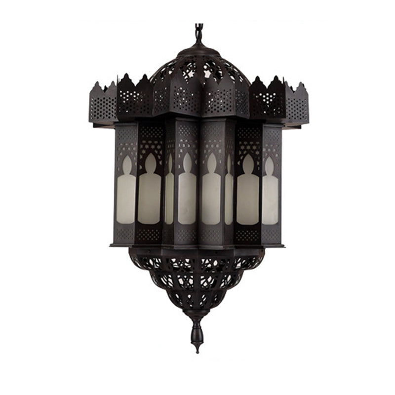 Etched Lantern Dining Room Chandelier Light Art Deco Frosted Glass 3-Bulb Black Finish Ceiling Pendant Clearhalo 'Ceiling Lights' 'Chandeliers' Lighting' options 809527