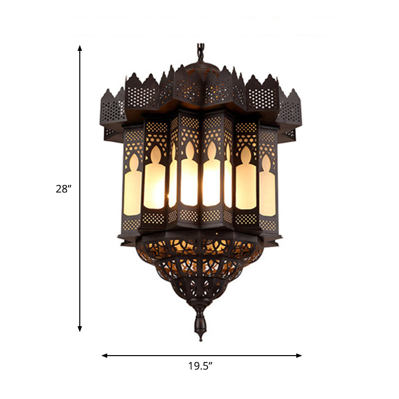 Etched Lantern Dining Room Chandelier Light Art Deco Frosted Glass 3-Bulb Black Finish Ceiling Pendant Clearhalo 'Ceiling Lights' 'Chandeliers' Lighting' options 809528