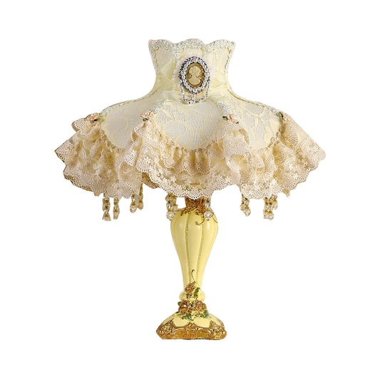 Fabric Frill Night Lighting Korean Garden 1 Head Beige Night Table Light with Lace Trim and Urn Base Clearhalo 'Lamps' 'Table Lamps' Lighting' 809536