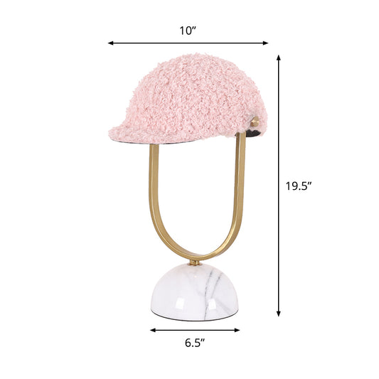 Hat Plush Table Light Modern 1 Bulb Pink Night Lamp with Iron Frame and Marble Base for Bedroom Clearhalo 'Lamps' 'Table Lamps' Lighting' 809569