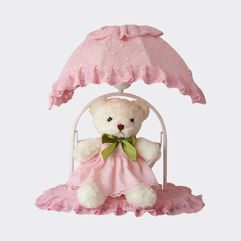 Fabric Bear Night Table Lamp Kids 1 Light Pink Nightstand Lighting with Lace Trim for Nursery Clearhalo 'Lamps' 'Table Lamps' Lighting' 809600