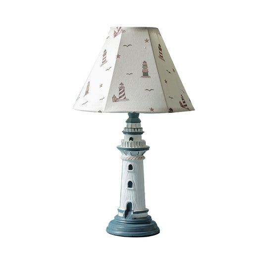Mediterranean Tapered Night Light Fabric 1 Bulb Nursery Table Lamp with Tower/Boat/Stripe Pattern and Lighthouse Base Clearhalo 'Lamps' 'Table Lamps' Lighting' 809607