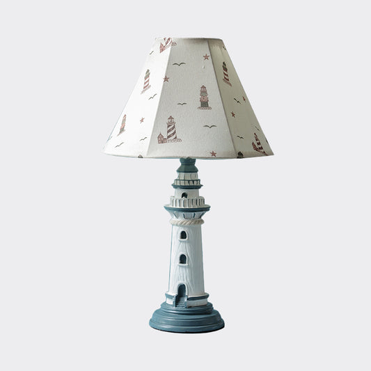 Mediterranean Tapered Night Light Fabric 1 Bulb Nursery Table Lamp with Tower/Boat/Stripe Pattern and Lighthouse Base Clearhalo 'Lamps' 'Table Lamps' Lighting' 809608