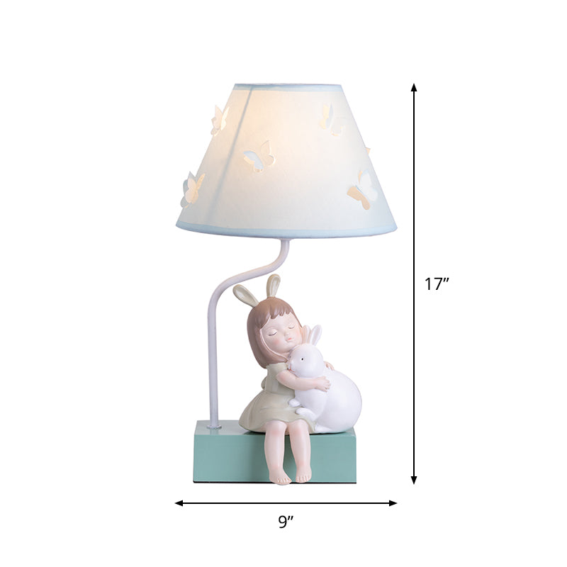Blue Tapered Night Lighting Kids 1 Light Fabric Nightstand Lamp with Rabbit and Girl Decor Clearhalo 'Lamps' 'Table Lamps' Lighting' 809625