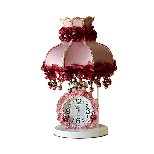 1-Bulb Girl Bedroom Night Light Kids Purple and Pink Table Lighting with Scalloped Fabric Shade and Clock Clearhalo 'Lamps' 'Table Lamps' Lighting' 809635