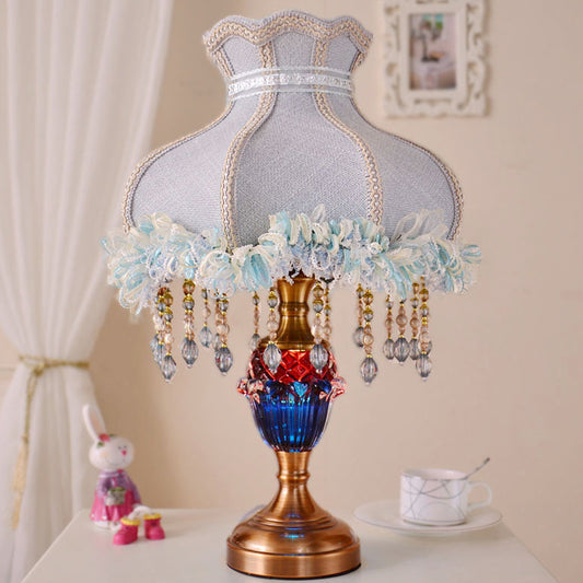 Light Blue Scalloped Table Light European 1 Bulb Fabric Lace Night Lamp with Drape and Crystal Accent Clearhalo 'Lamps' 'Table Lamps' Lighting' 809647