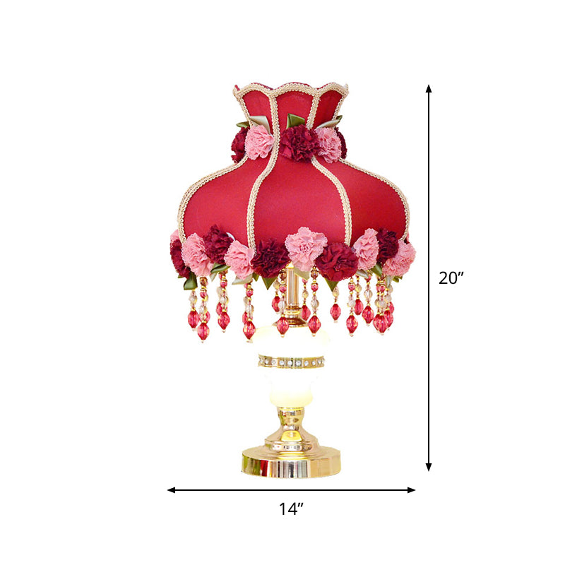 Pastoral 1 Head Night Table Lamp Red Scalloped Nightstand Light with Fabric Shade and Flower Decor Clearhalo 'Lamps' 'Table Lamps' Lighting' 809657