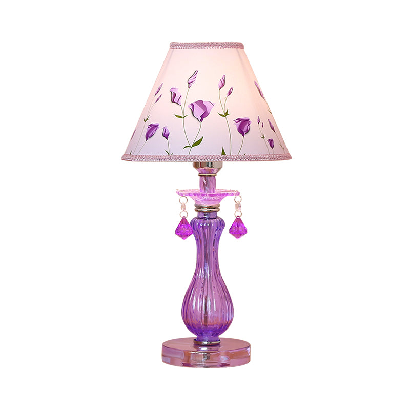 Romantic Pastoral 1 Light Night Lamp Purple Cone/Scalloped Nightstand Light with Fabric Shade and Crystal Accent Clearhalo 'Lamps' 'Table Lamps' Lighting' 809667