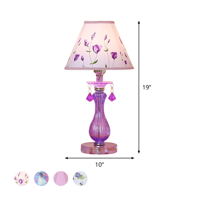 Romantic Pastoral 1 Light Night Lamp Purple Cone/Scalloped Nightstand Light with Fabric Shade and Crystal Accent Clearhalo 'Lamps' 'Table Lamps' Lighting' 809669