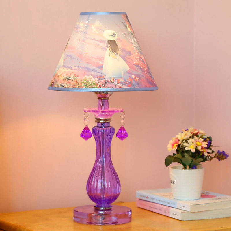 Romantic Pastoral 1 Light Night Lamp Purple Cone/Scalloped Nightstand Light with Fabric Shade and Crystal Accent Clearhalo 'Lamps' 'Table Lamps' Lighting' 809671