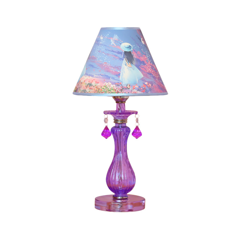 Romantic Pastoral 1 Light Night Lamp Purple Cone/Scalloped Nightstand Light with Fabric Shade and Crystal Accent Clearhalo 'Lamps' 'Table Lamps' Lighting' 809672