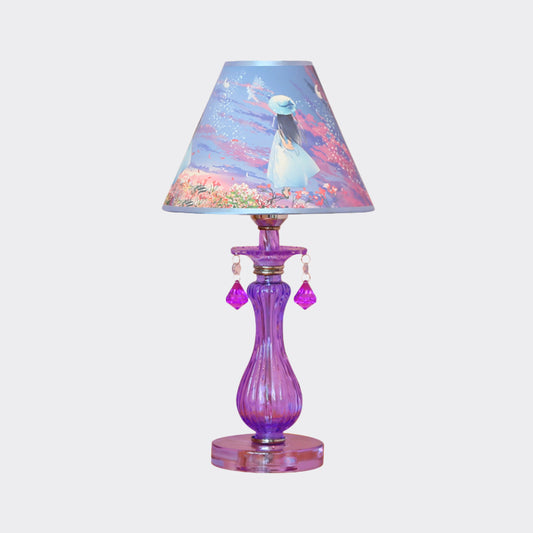 Romantic Pastoral 1 Light Night Lamp Purple Cone/Scalloped Nightstand Light with Fabric Shade and Crystal Accent Clearhalo 'Lamps' 'Table Lamps' Lighting' 809673