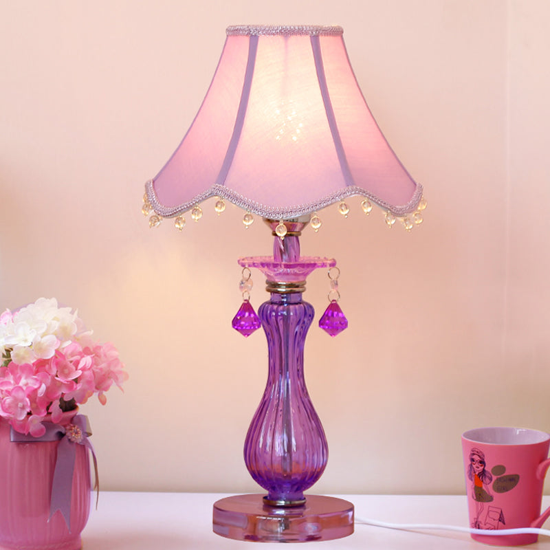 Romantic Pastoral 1 Light Night Lamp Purple Cone/Scalloped Nightstand Light with Fabric Shade and Crystal Accent Clearhalo 'Lamps' 'Table Lamps' Lighting' 809675