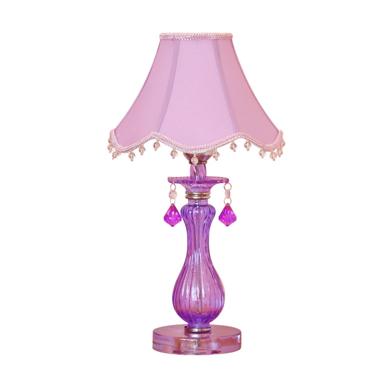 Romantic Pastoral 1 Light Night Lamp Purple Cone/Scalloped Nightstand Light with Fabric Shade and Crystal Accent Clearhalo 'Lamps' 'Table Lamps' Lighting' 809677